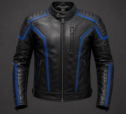 Black and blue futuristic rider jacket by Premium Skin