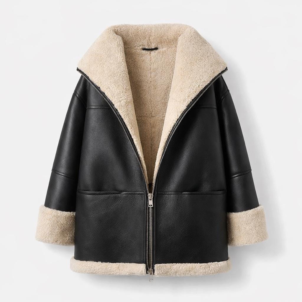 Black shearling-style aviator jacket by Premium Skin