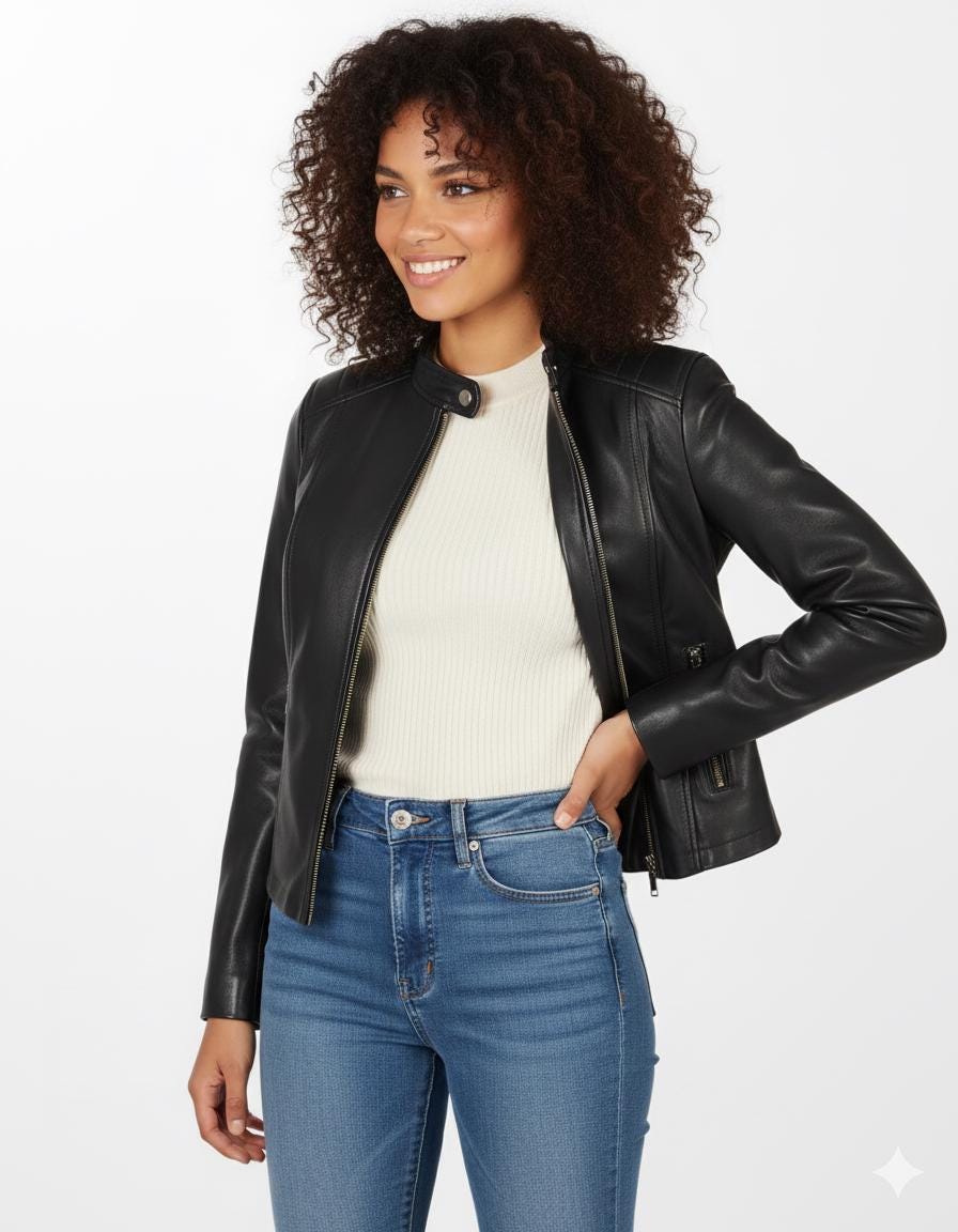 Women’s black lambskin moto jacket alternate angle