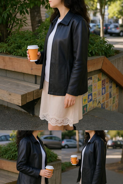 Vintage black leather coat back view
