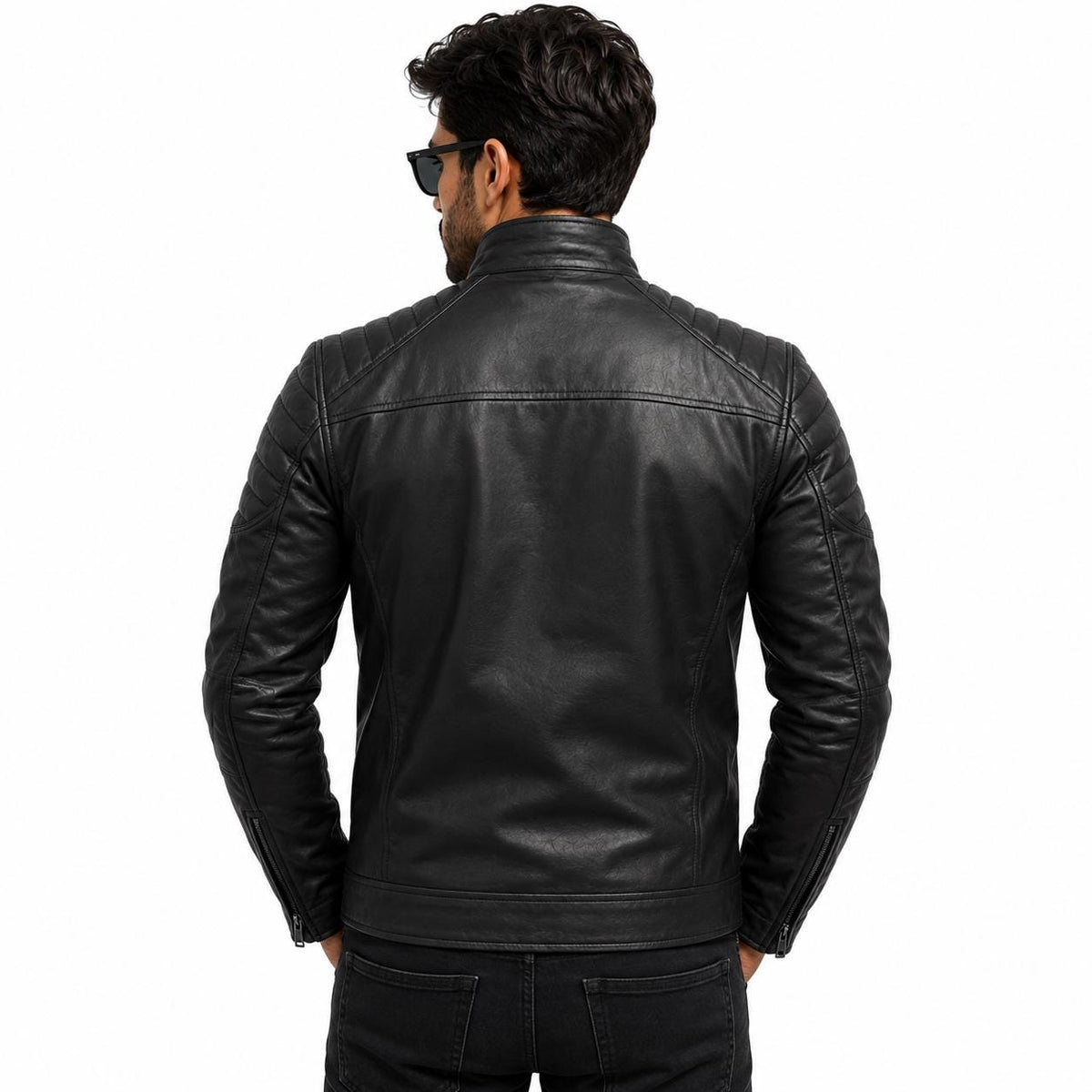 Black biker leather jacket with quilted shoulders, front view
