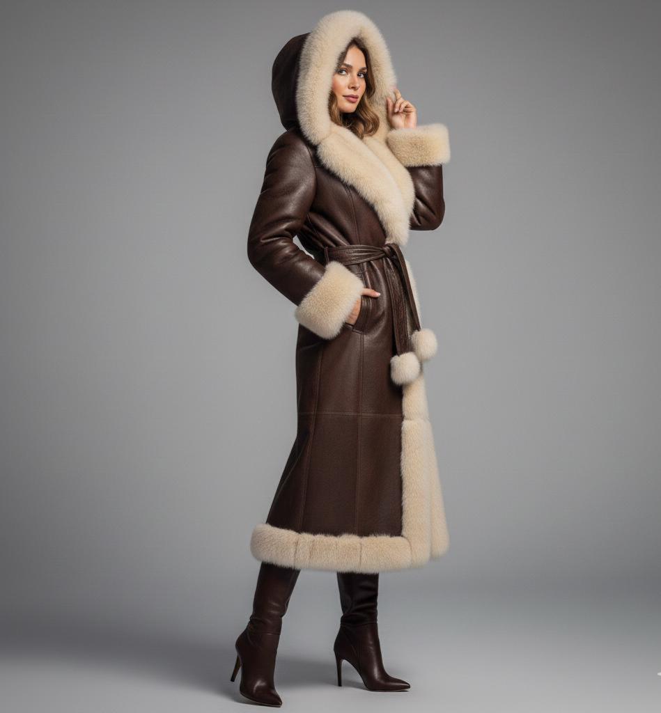 Belted leather-style winter trench coat with faux-fur hood by Premium Skin