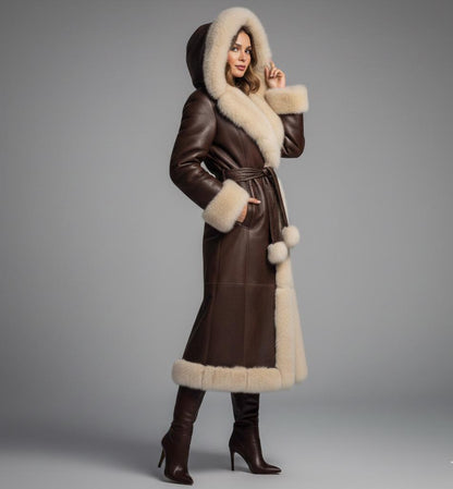 Belted leather-style winter trench coat with faux-fur hood by Premium Skin