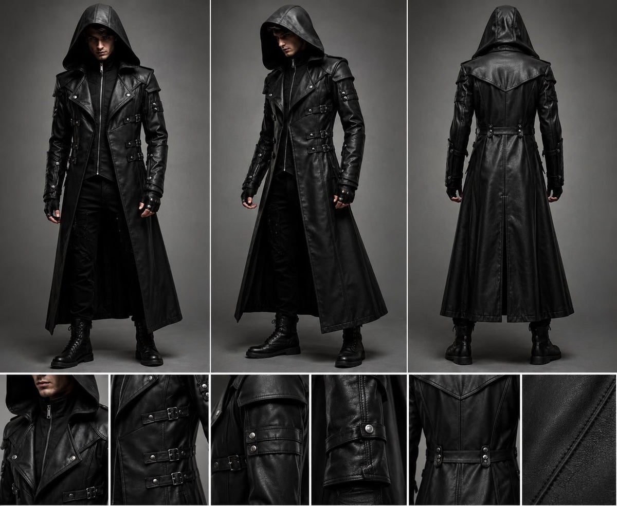 Black hooded gothic trench coat by Premium Skin