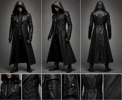 Black hooded gothic trench coat by Premium Skin