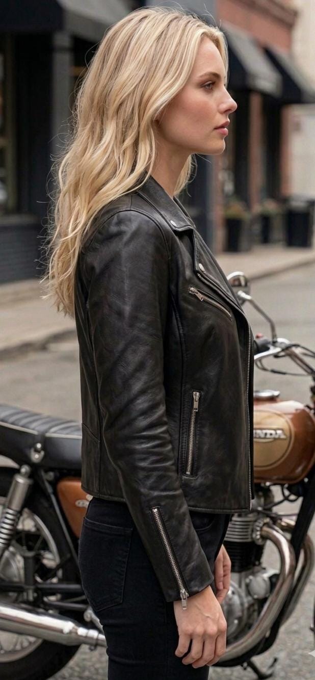 Women’s black lambskin motorcycle jacket back view