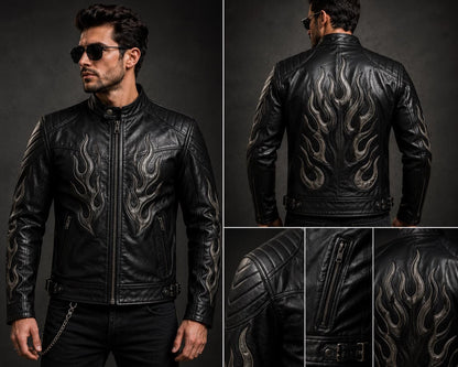 Black flame leather biker jacket by Premium Skin