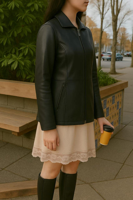 Vintage black leather long coat, front view