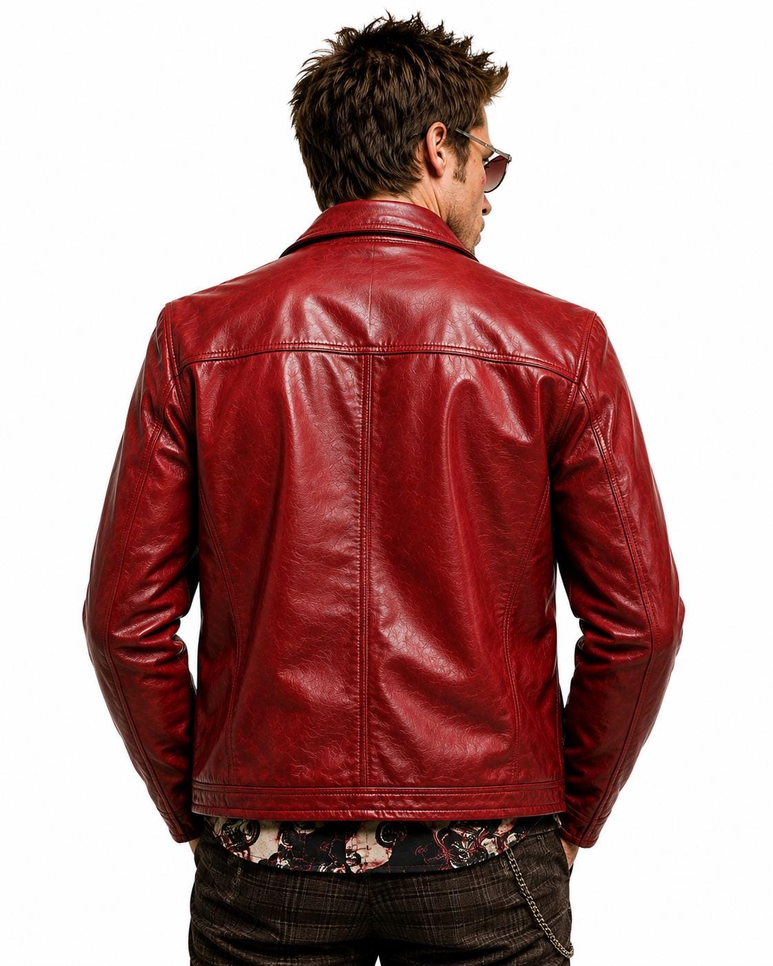 Red biker-inspired leather jacket detail