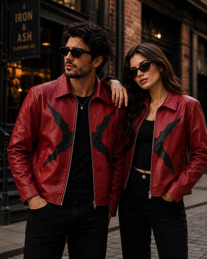 Men's red leather biker jacket by Premium Skin