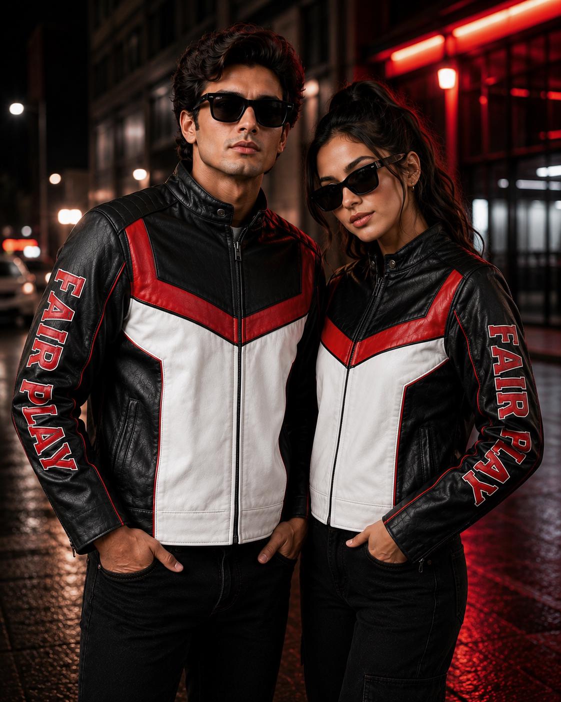 Red, black and white racing leather jacket by Premium Skin