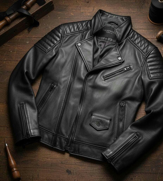 Quilted black asymmetrical biker jacket by Premium Skin