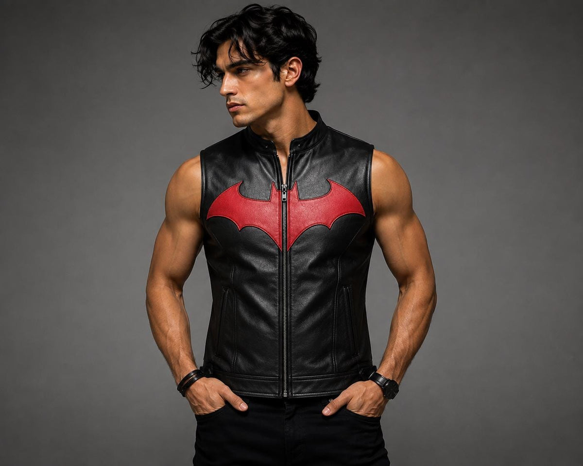 Black leather vest with red emblem, front view