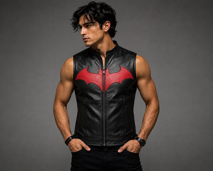 Black leather vest with red emblem, front view