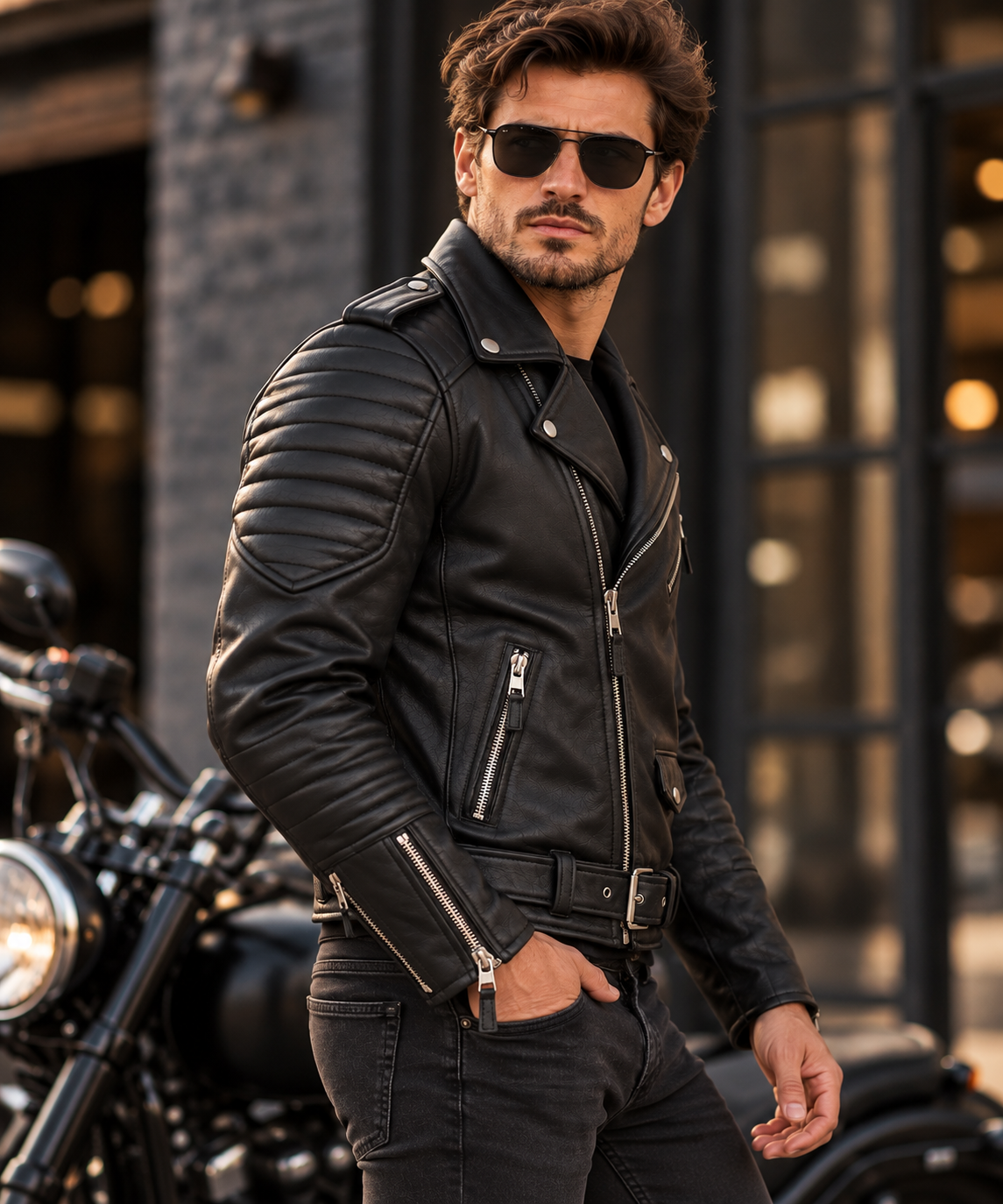 Black leather biker jacket model side view