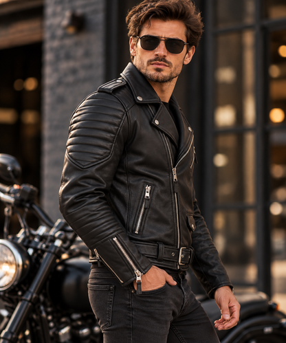 Black leather biker jacket model side view
