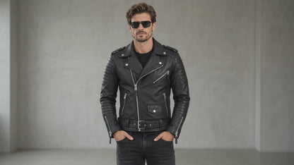 Men’s Black Leather Biker Jacket – Quilted Moto Style