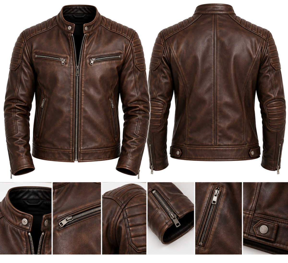 Vintage chocolate brown cafe racer leather jacket front back and details